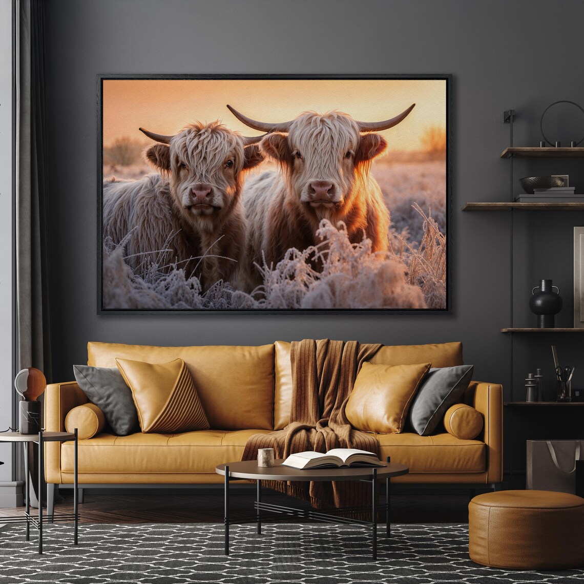 Pair Of White Highland Cows In Frosty Field At Golden Sunset Poster - Image 5