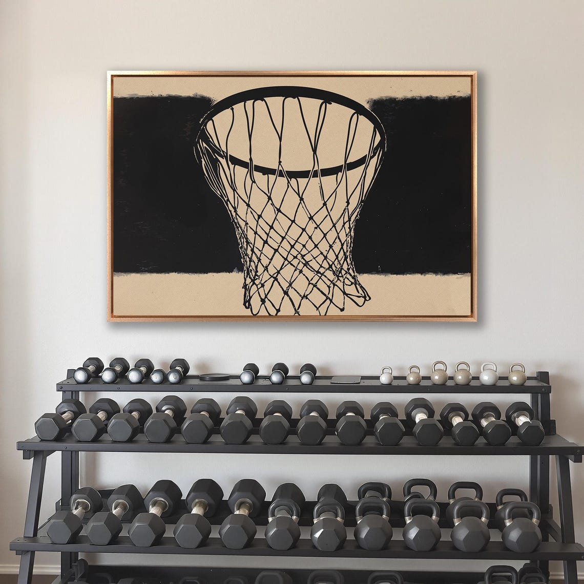 Minimalist Basketball Hoop Net In Bold Black On Warm Beige Wall Art - Image 4