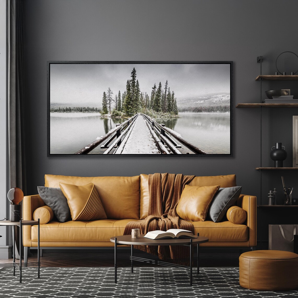 Jasper National Park Pyramid Lake Snowy Bridge Canadian Large Wall Art - Image 2