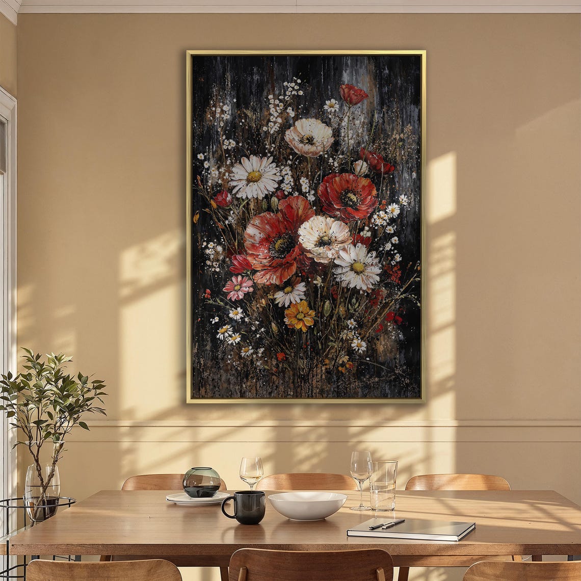 Red Poppies and White Daisies Wildflower Bouquet on Black Poster - Image 2
