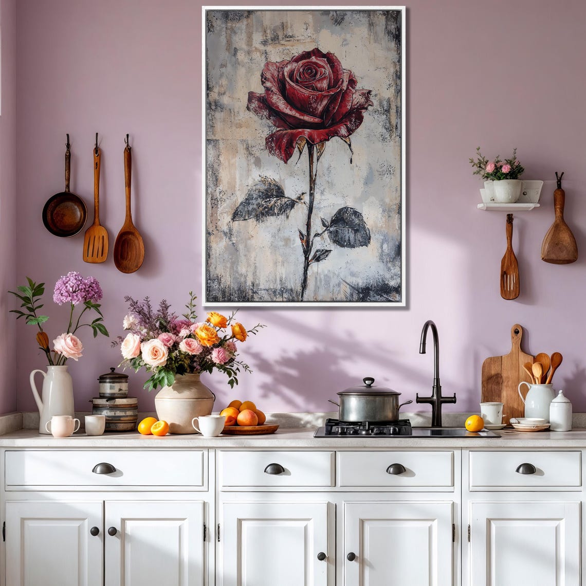 Single Red Rose on Grunge Gray Background Romantic Floral Poster - Image 3
