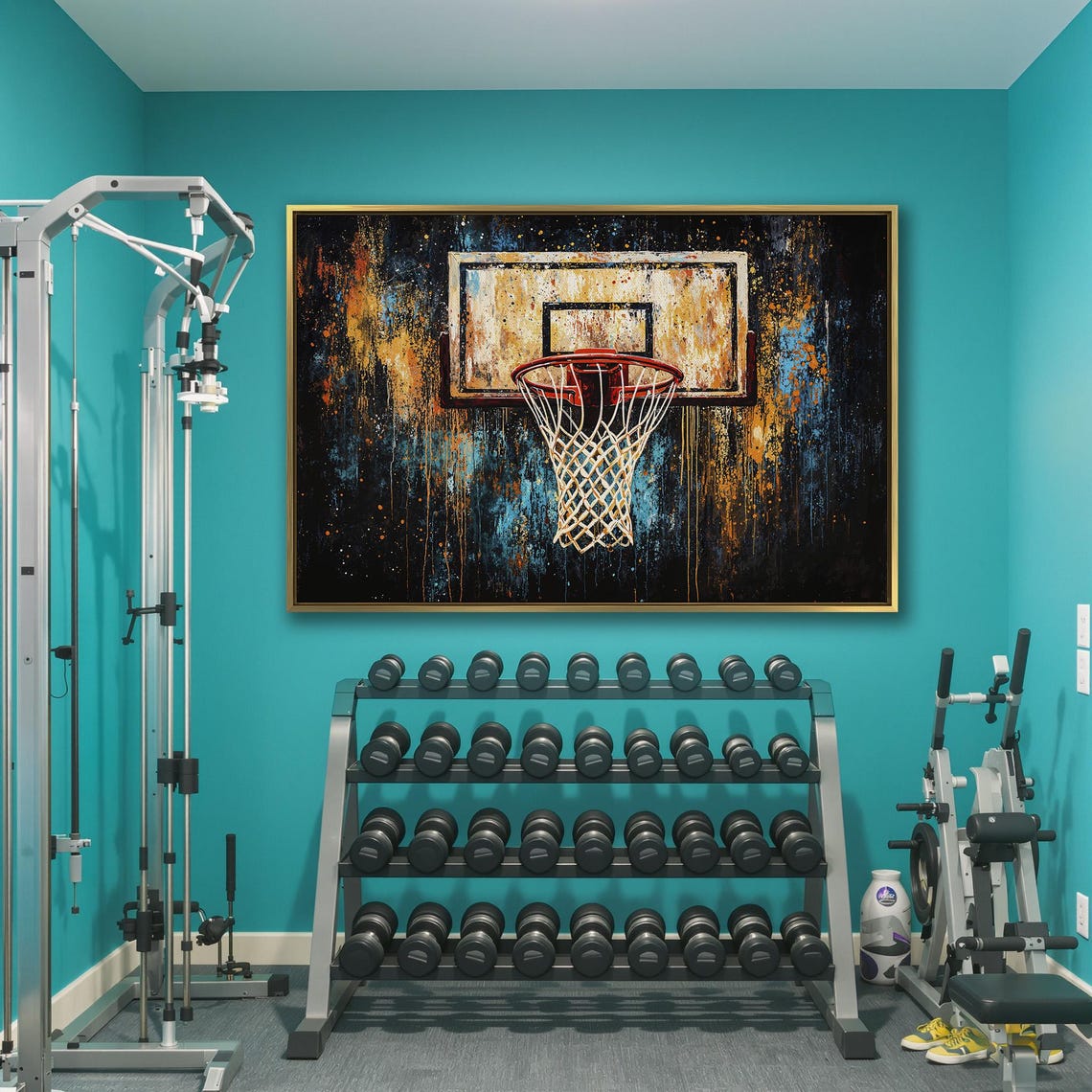 Red Rimmed Basketball Hoop On Orange And Blue Grunge Art Poster - Image 3