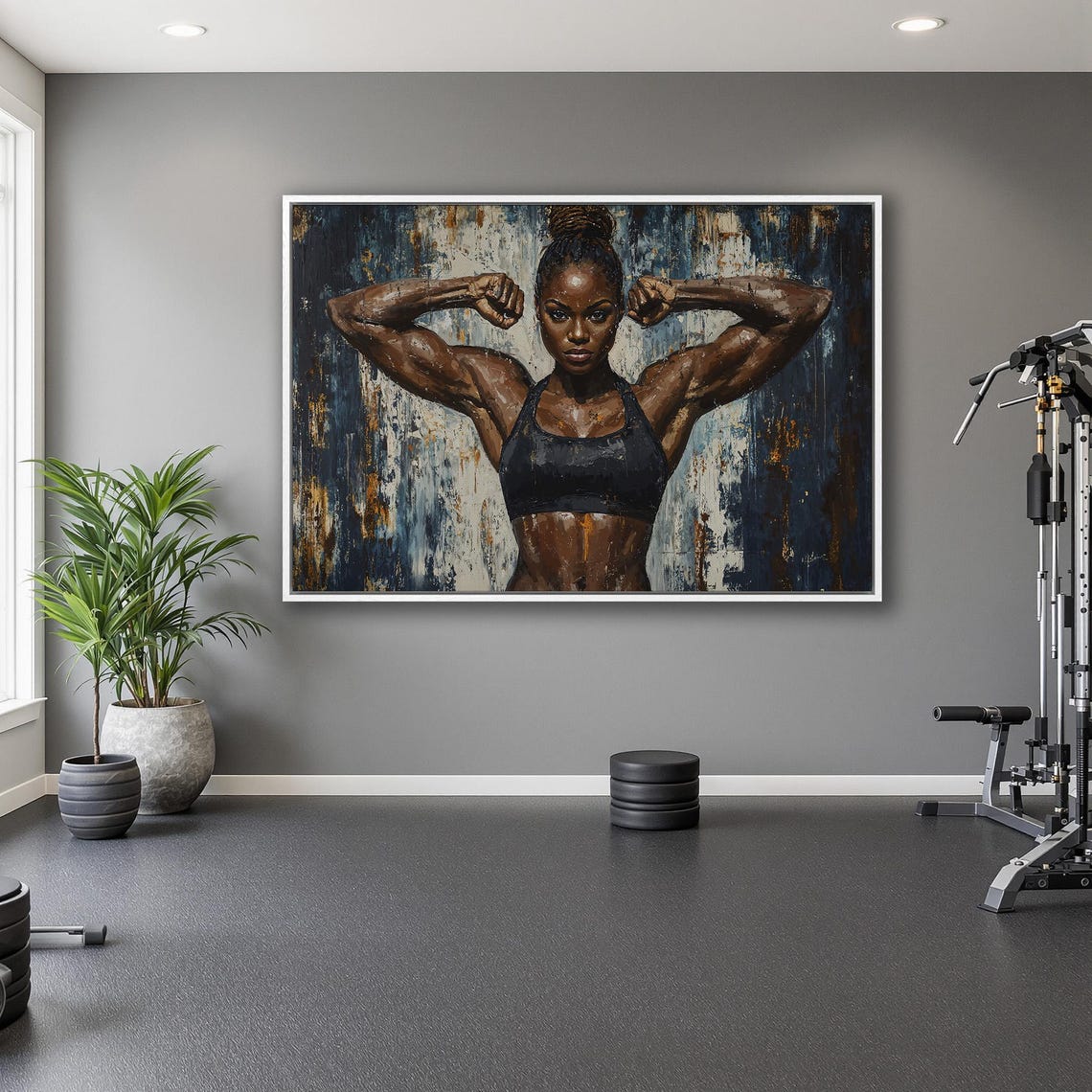 Athletic Woman Double Biceps Pose on Blue Gold Grunge Poster - Image 5
