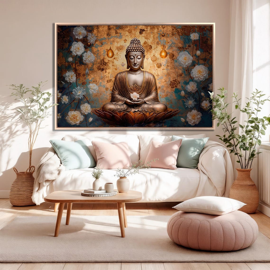 Bronze Buddha Meditating On Lotus Flower Floral Zen Wall Art - Image 3