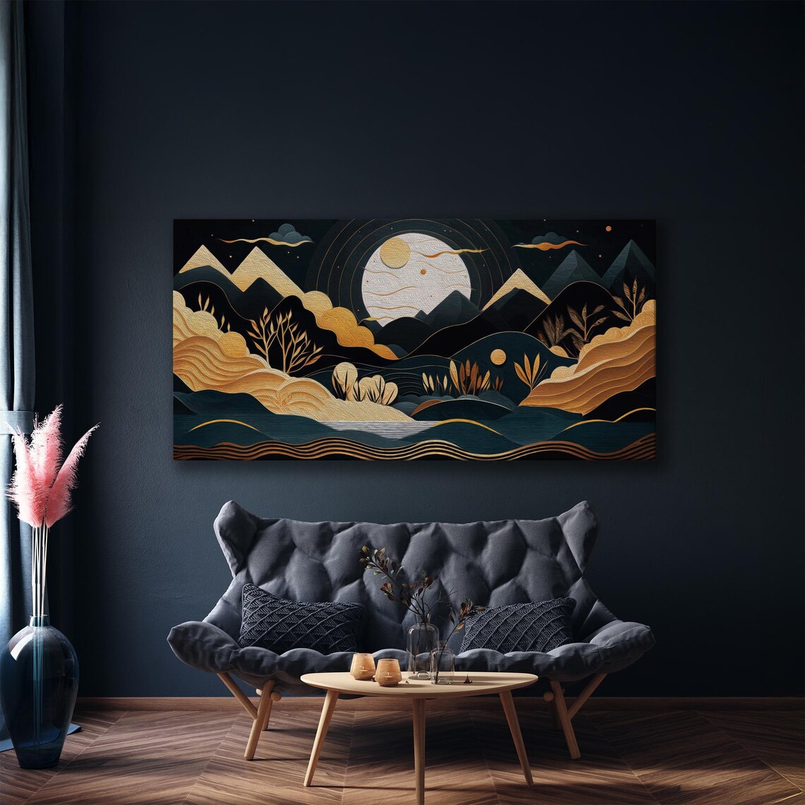 Golden Moon Over Stylized Mountains Panoramic Night Landscape Poster - Image 5