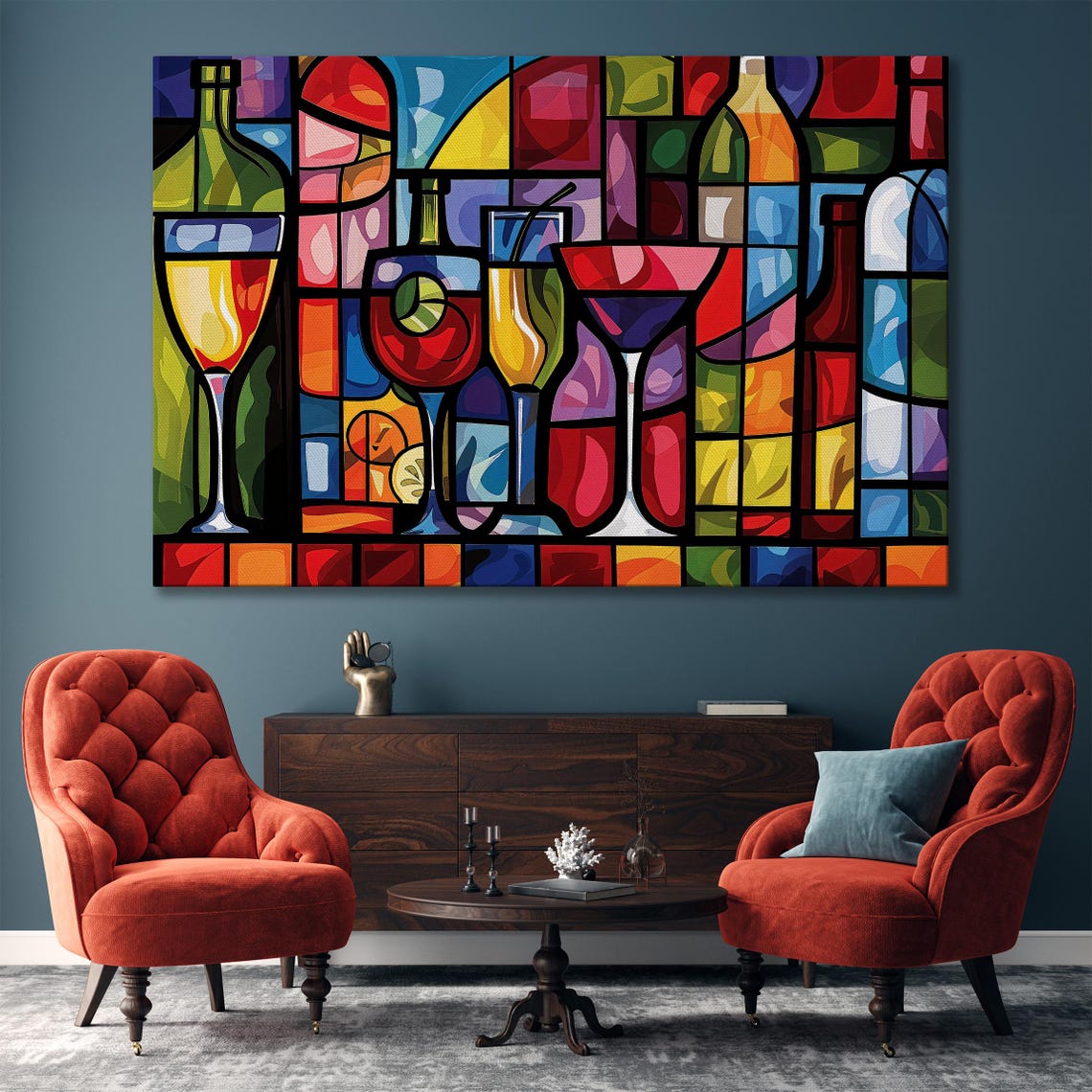 Stained Glass Cocktail Bar With Wine Bottles And Martini Print - Image 3