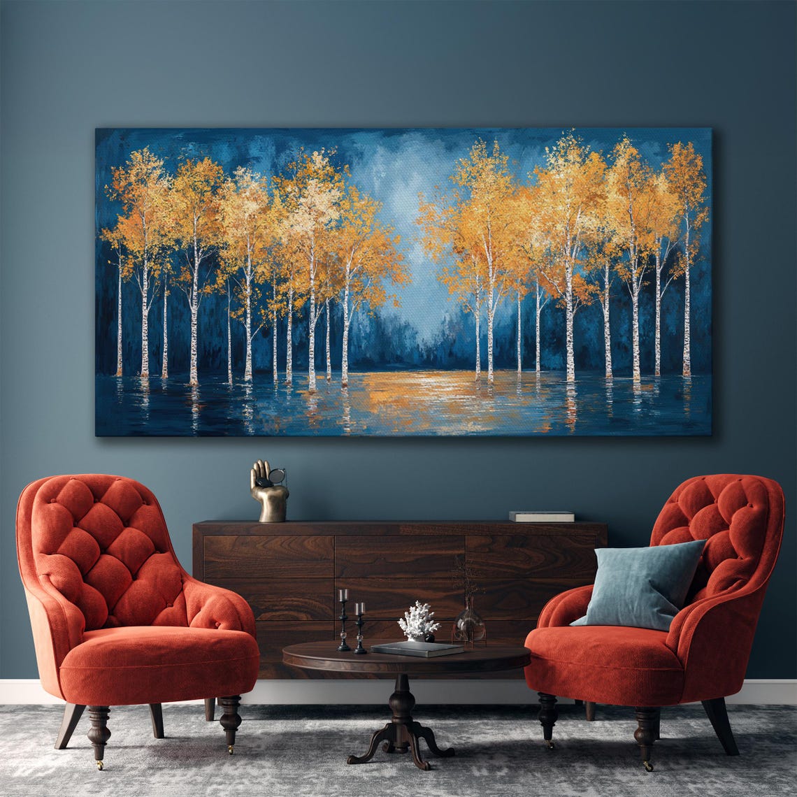 Golden Birch Trees Against Deep Blue Water Reflection Art Poster - Image 5