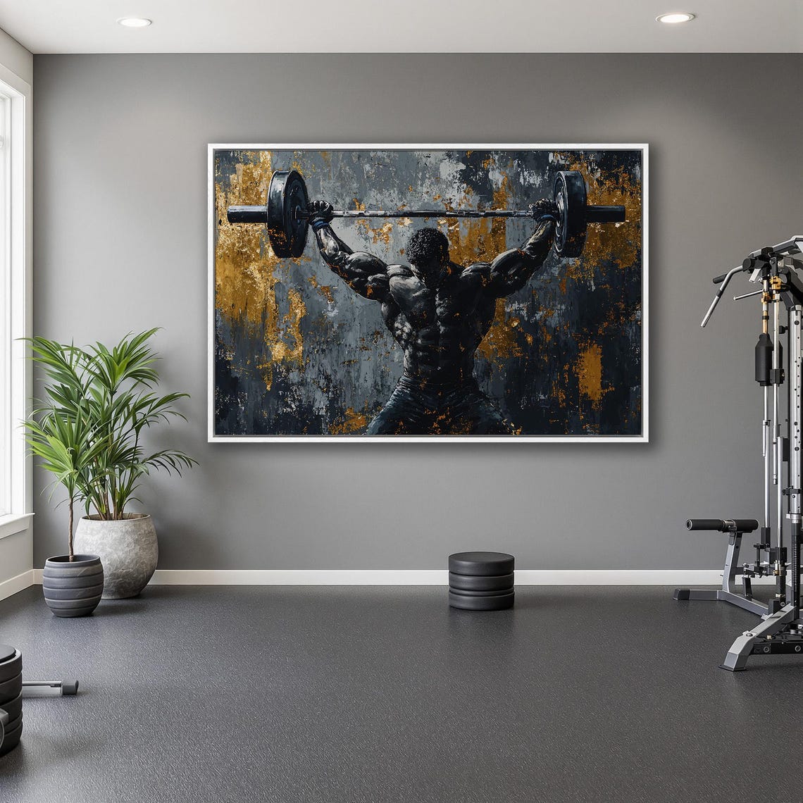 Powerlifter Overhead Press Strength Painting on Dark Gold Poster - Image 5