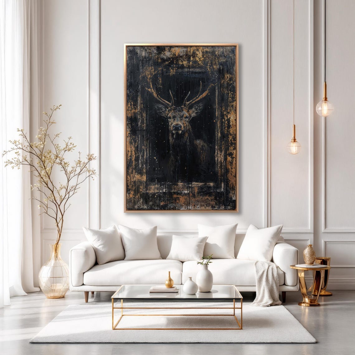 Dark Abstract Stag Portrait Gold Splatter Moody Deer Painting Poster - Image 5