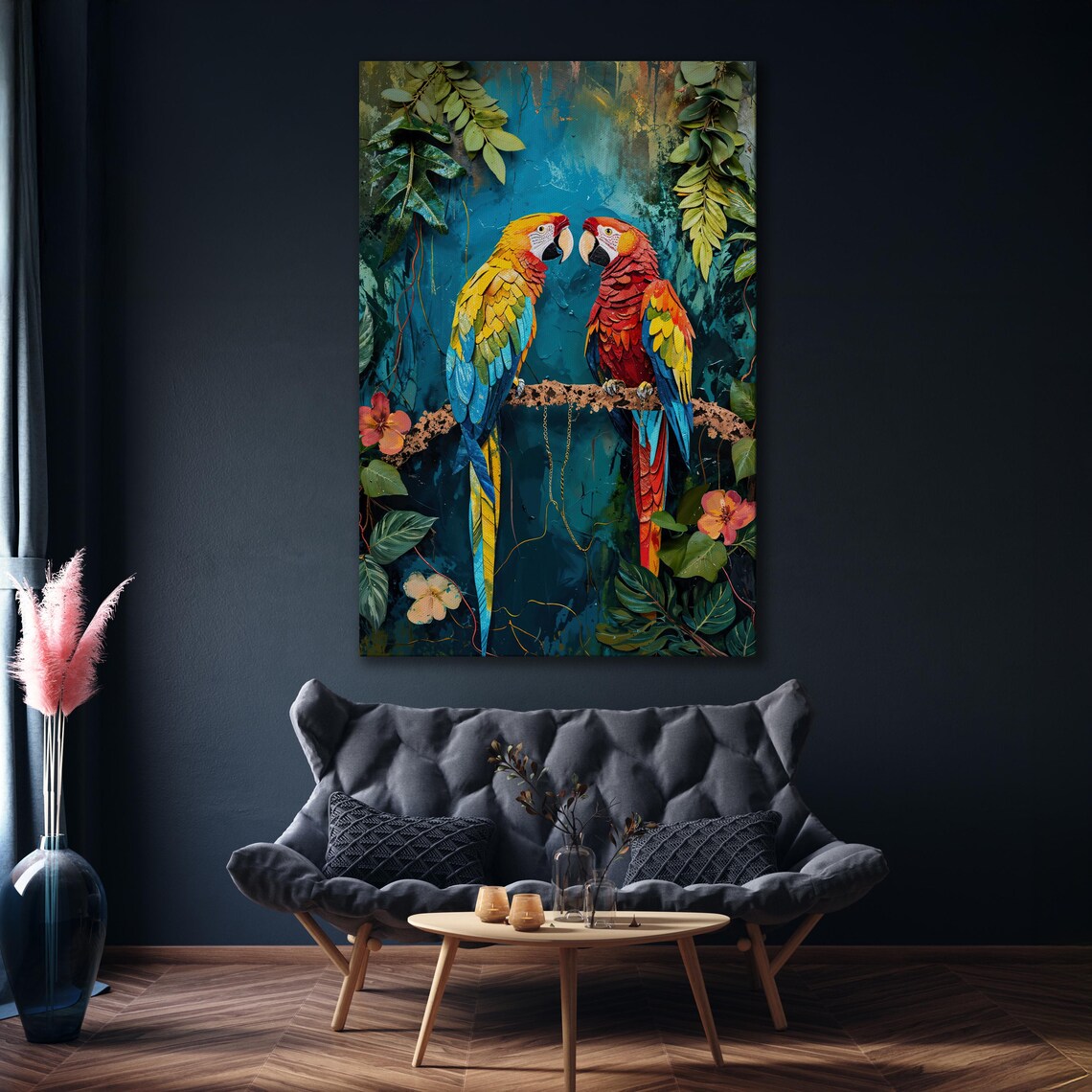 Pair Of Macaw Parrots On Branch In Tropical Jungle Painting Poster - Image 4