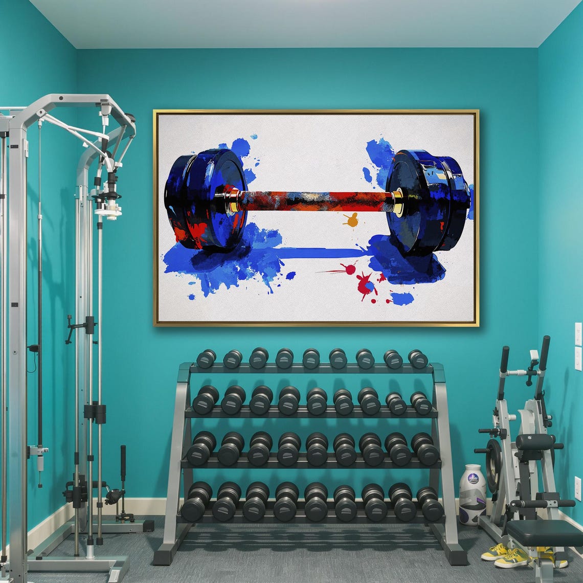 Dumbbell with Blue Plates and Red Bar on White Splatter Poster - Image 3