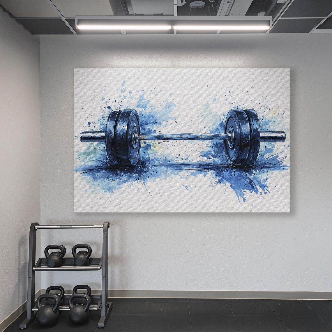 Blue Watercolor Barbell on White with Paint Splatter Fitness Poster - Image 6