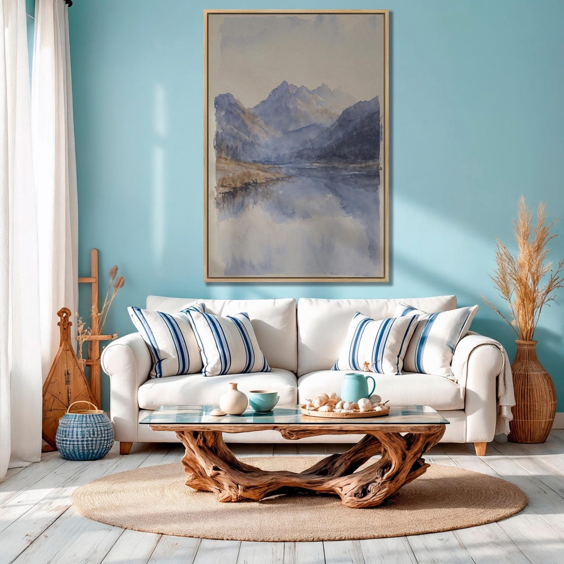 Misty Blue Mountain Lake Reflection Watercolor Landscape Poster - Image 4