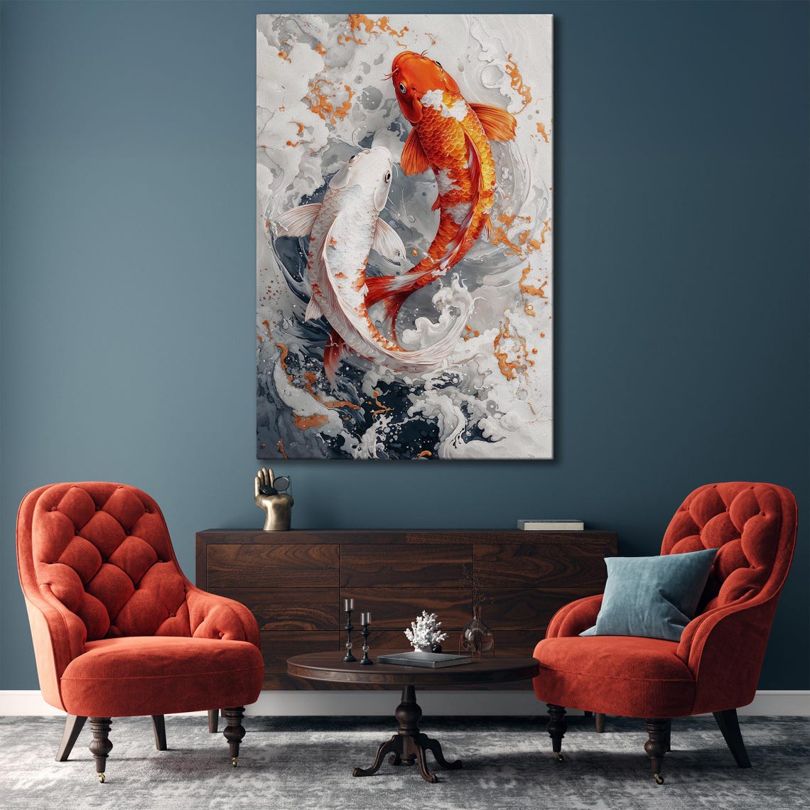 Orange and White Koi Fish Pair in Swirling Water Waves Art Poster - Image 4