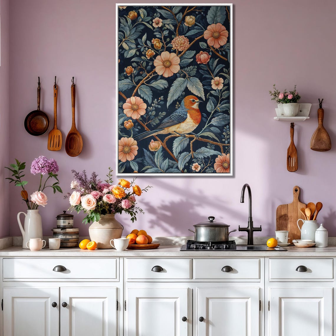 William Morris Style Bird Among Flowers on Navy Vintage Floral Poster - Image 3