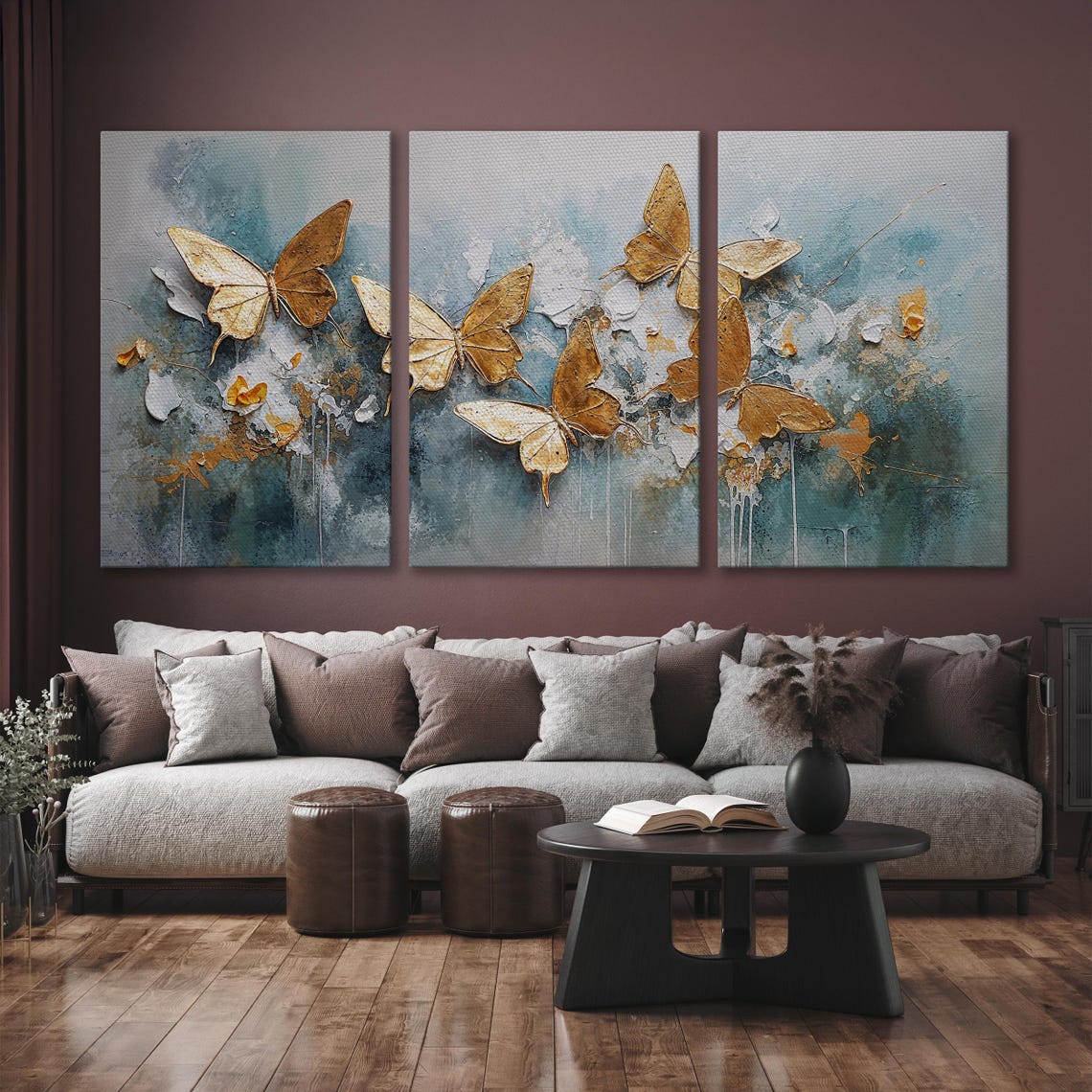 Golden Butterflies 3D Effect Teal Textured Abstract Wall Art - Image 6