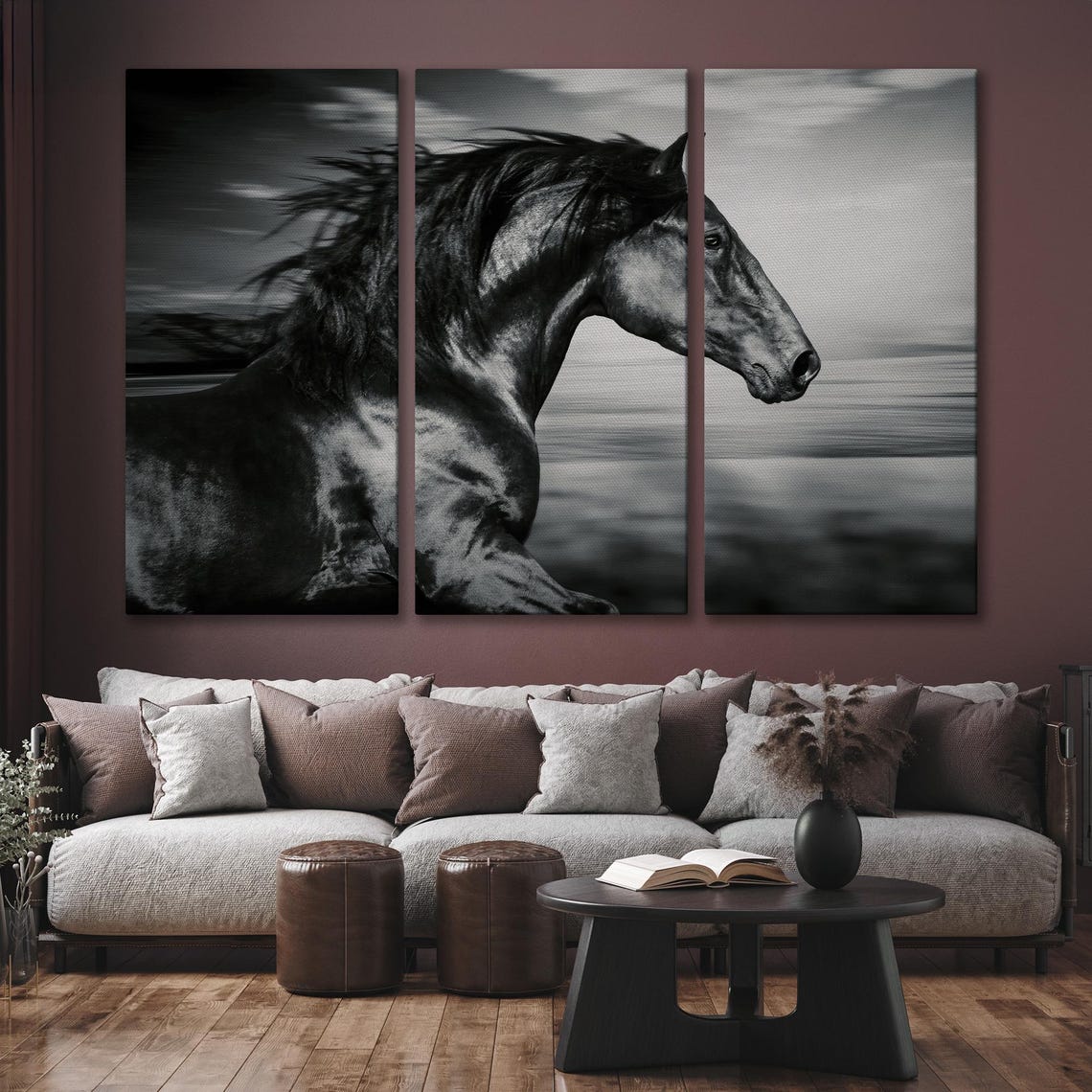 Black Horse Running Dramatic Monochrome Equine Large Wall Art - Image 6