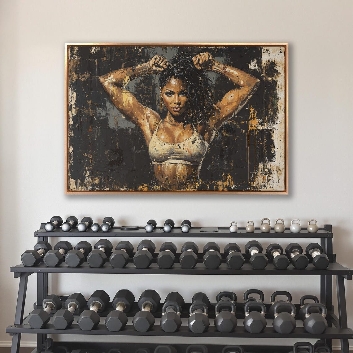 Fit Black Woman With Arms Raised On Dark Black Gold Gym Poster - Image 4