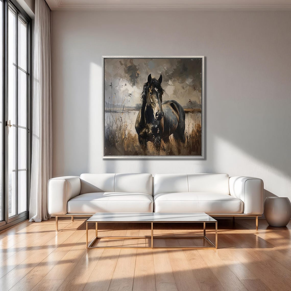 Dark Horse Standing In Misty Marsh Field Stormy Sky Watercolor Poster - Image 2