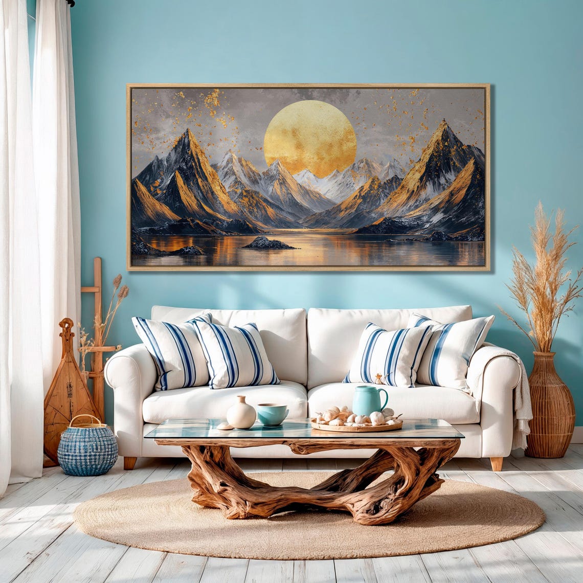Golden Moonrise Over Jagged Rocky Mountain Peaks By Lake Poster - Image 2