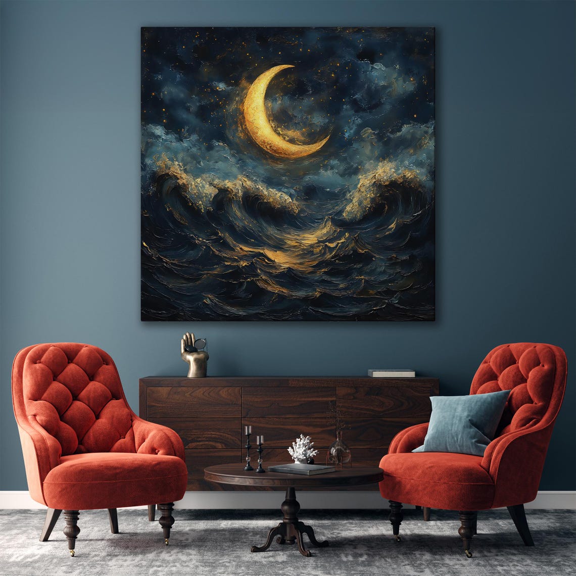 Golden Crescent Moon Over Stormy Dark Night Ocean Impasto Poster - Image 5
