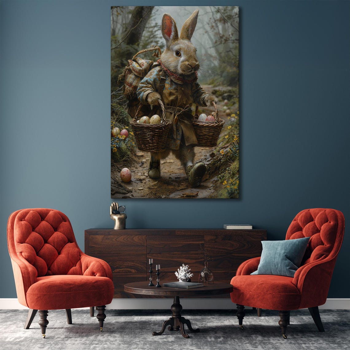 Dressed Rabbit Explorer Carrying Wicker Baskets Of Eggs Poster - Image 3