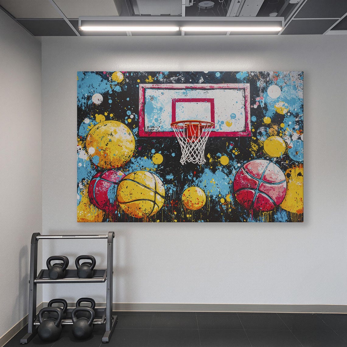 Pop Art Basketball Hoop With Colorful Balls Paint Splatter Poster - Image 6
