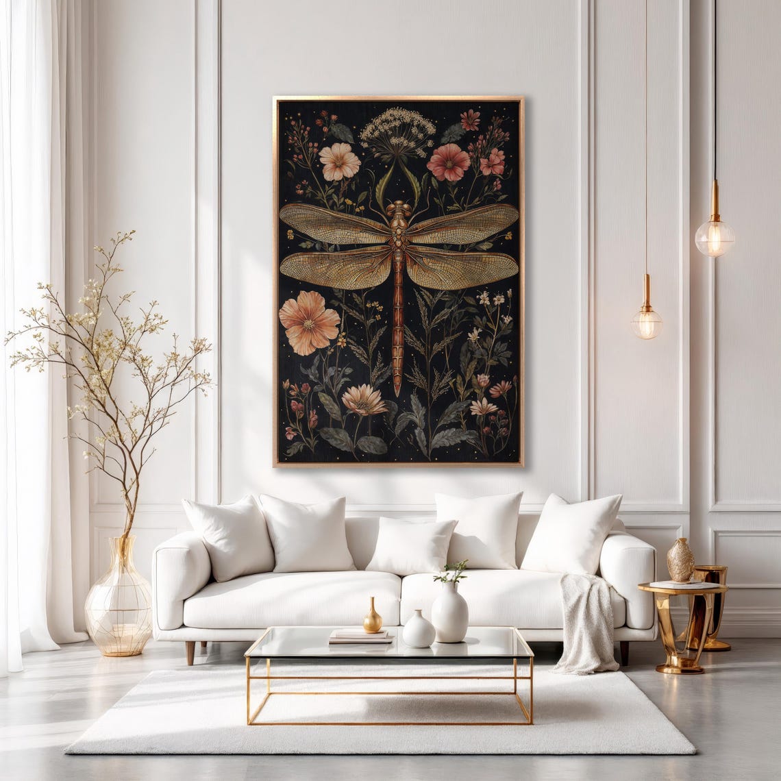 Copper Dragonfly With Soft Pink Cosmos Flowers on Black Poster - Image 6