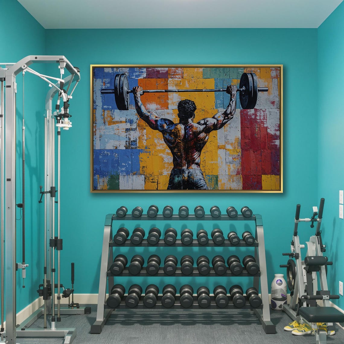 Man Pressing Barbell Overhead Back View Bold Color Block Poster - Image 3