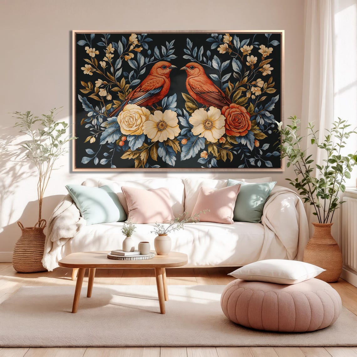 Two Red Birds Among Roses on a Dark Floral Botanical Art Poster - Image 5