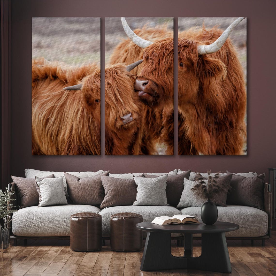Scottish Highland Cows Nuzzling Cute Farm Animal Rustic Large Wall Art - Image 6