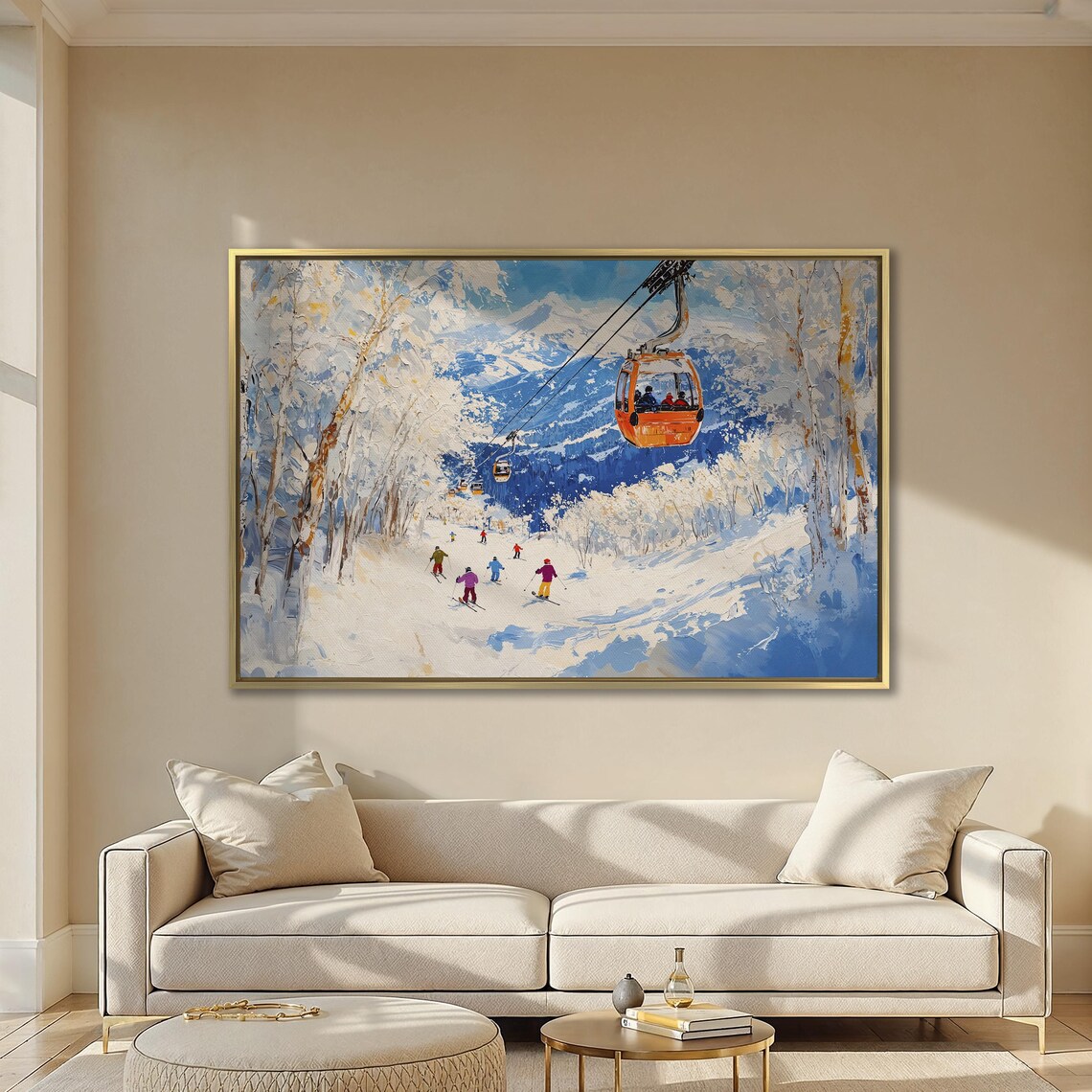 Skiers on Sunny Slope Under Orange Gondola Mountain Ski Poster - Image 2