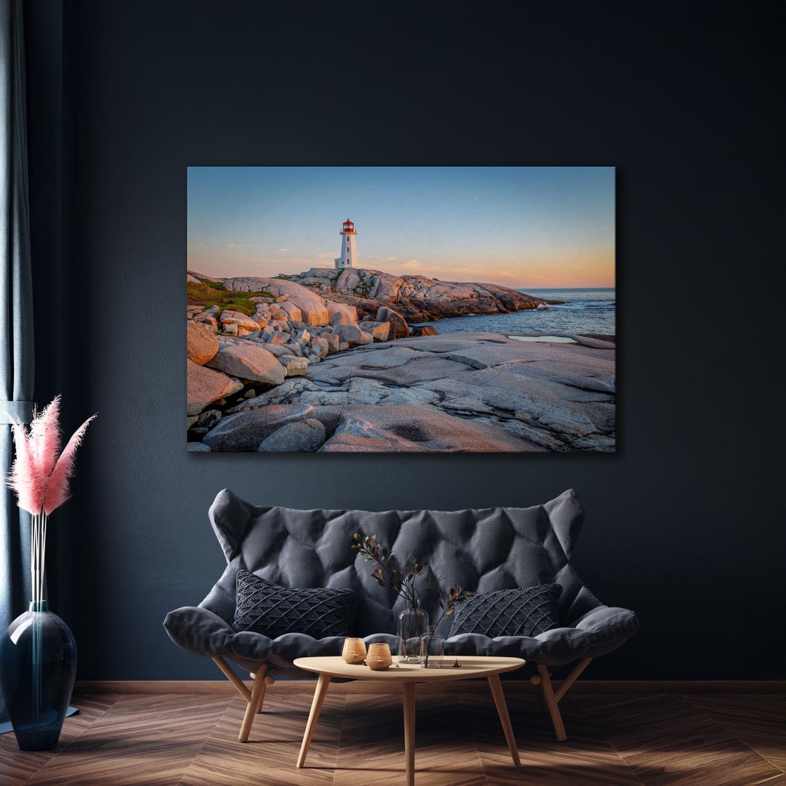Peggys Cove Lighthouse at Sunset over Rocky Nova Scotia Coast Print