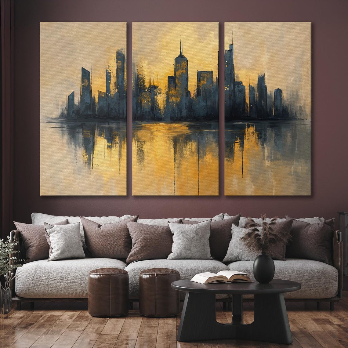 City Skyline Silhouette at Golden Sunset Water Reflection Art Poster - Image 6