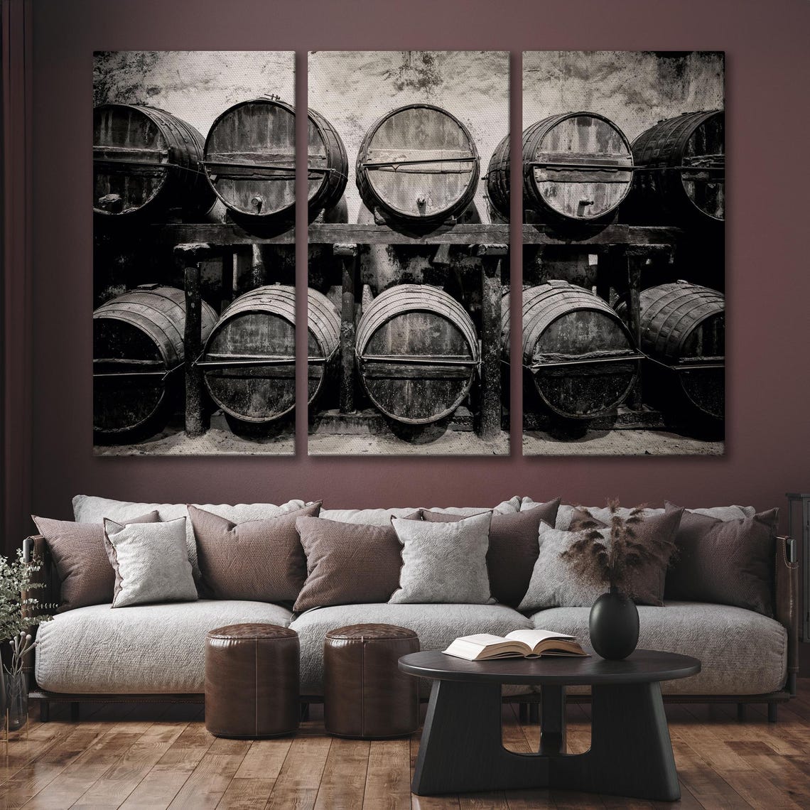 Stacked Wine Barrels Winery Cellar Black And White Large Wall Art - Image 6