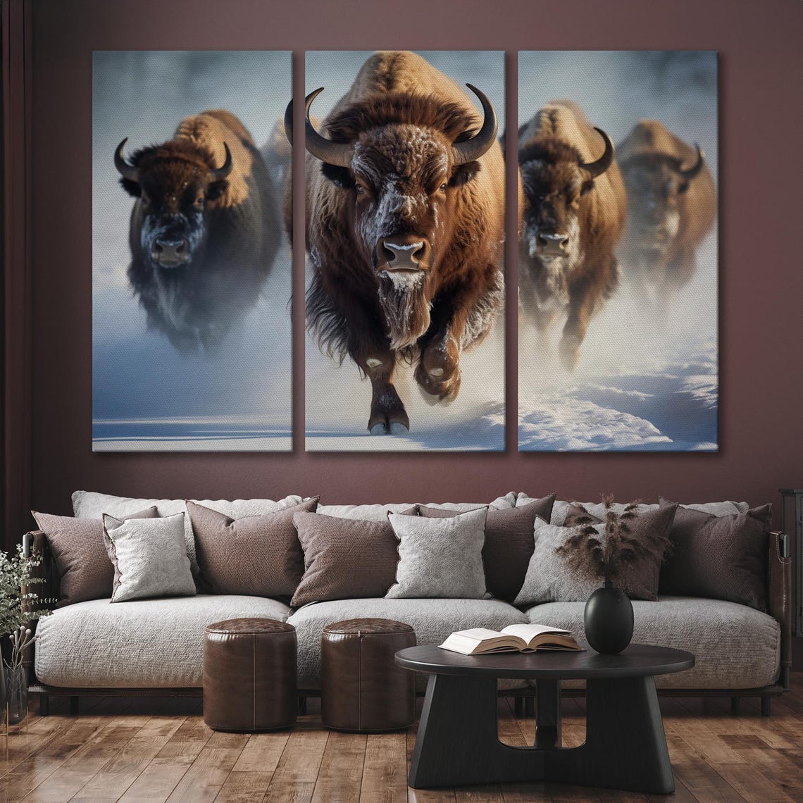 Bison Herd Charging Through Snow Rustic Winter Wildlife Wall Art - Image 6
