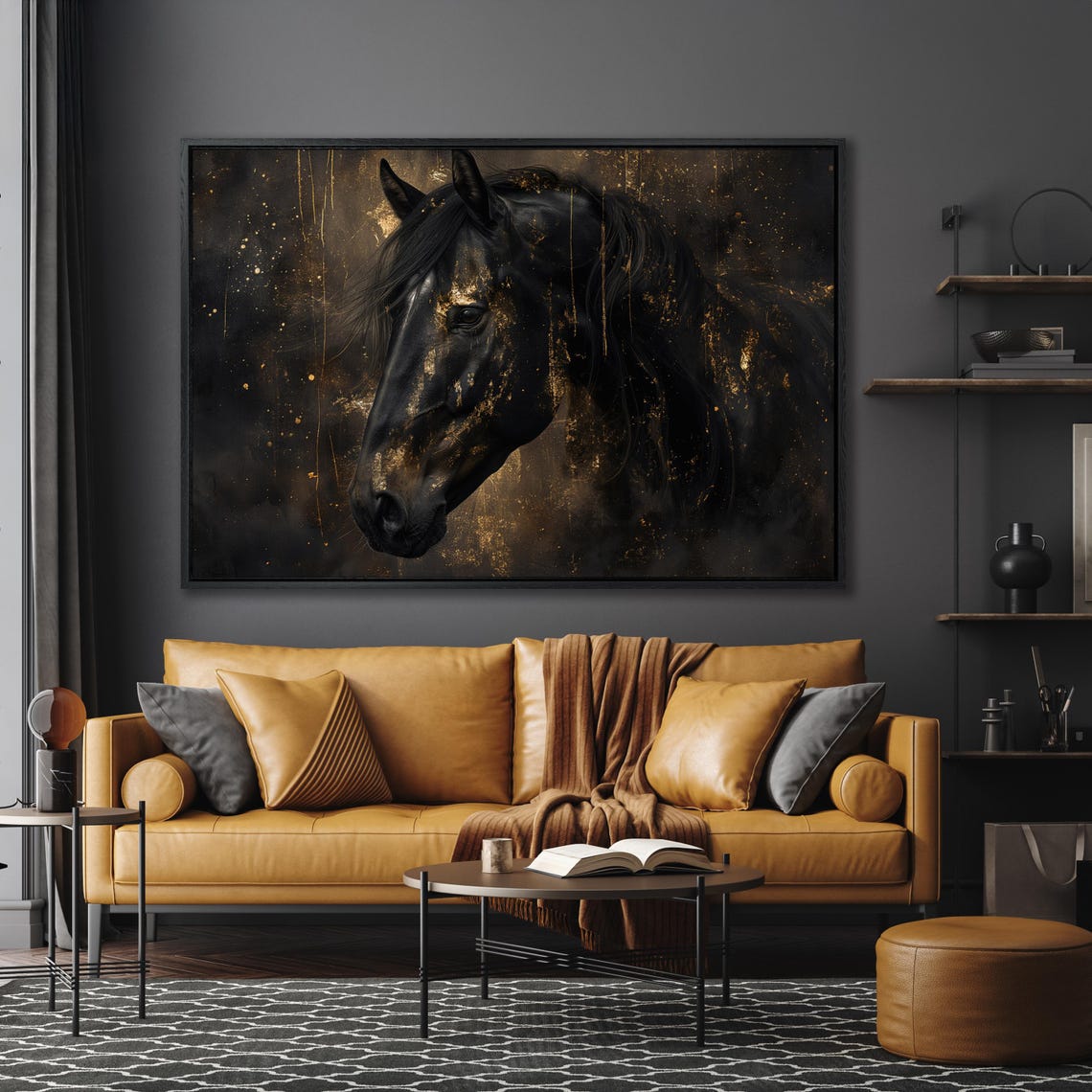 Black Horse Head With Gold Splatter Dramatic Equine Art Poster - Image 4