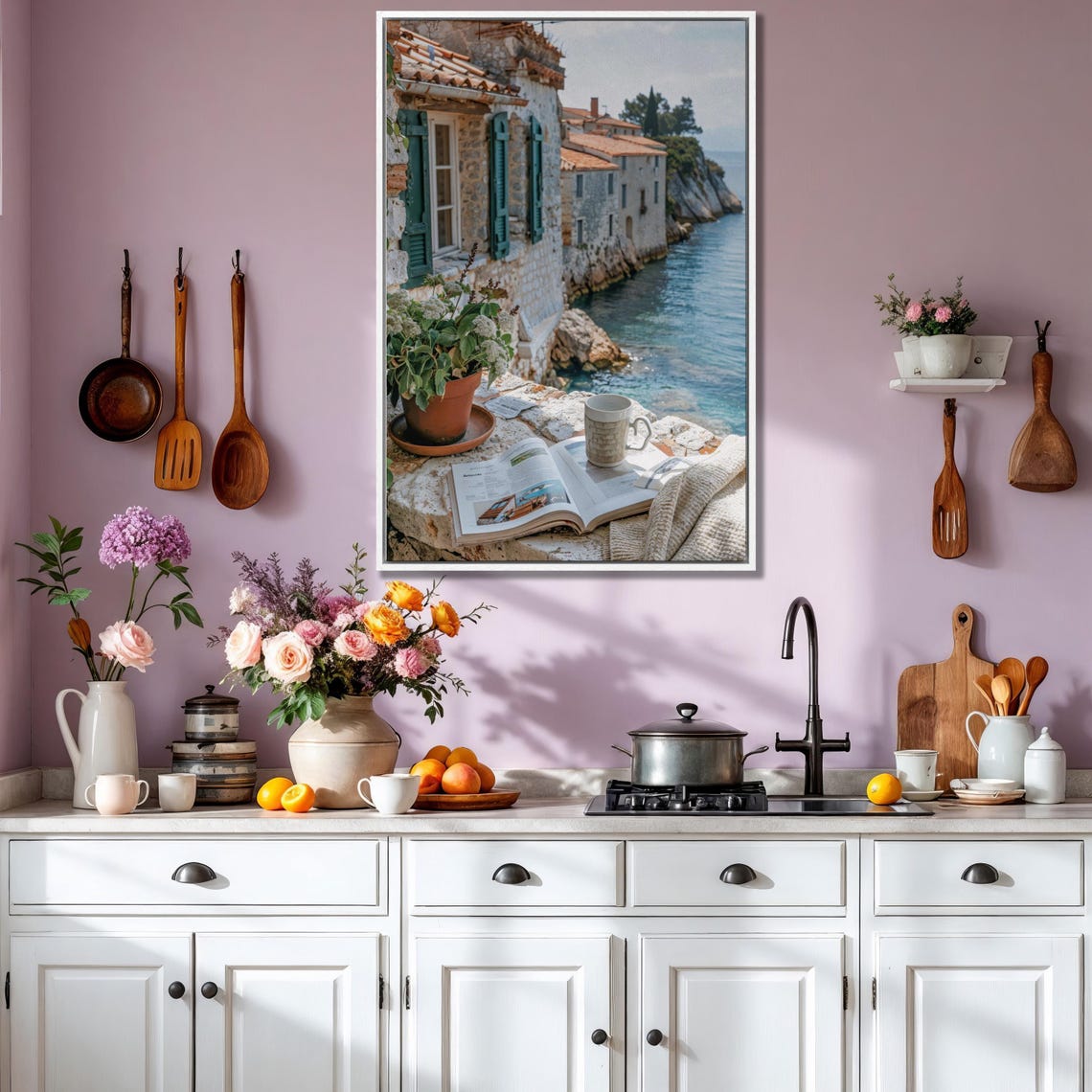 Mediterranean Stone Terrace Coffee Overlooking Turquoise Sea Poster - Image 2
