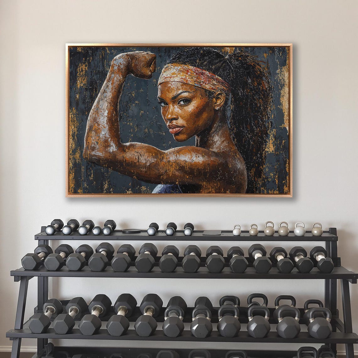 Strong Woman Flexing Bicep with Patterned Headband Dark Art Poster - Image 4