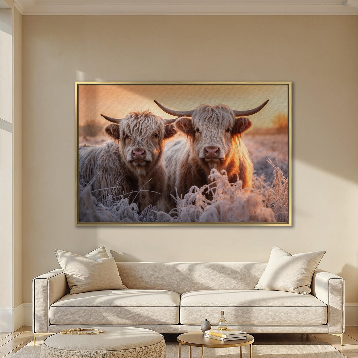 Pair Of White Highland Cows In Frosty Field At Golden Sunset Poster - Image 2
