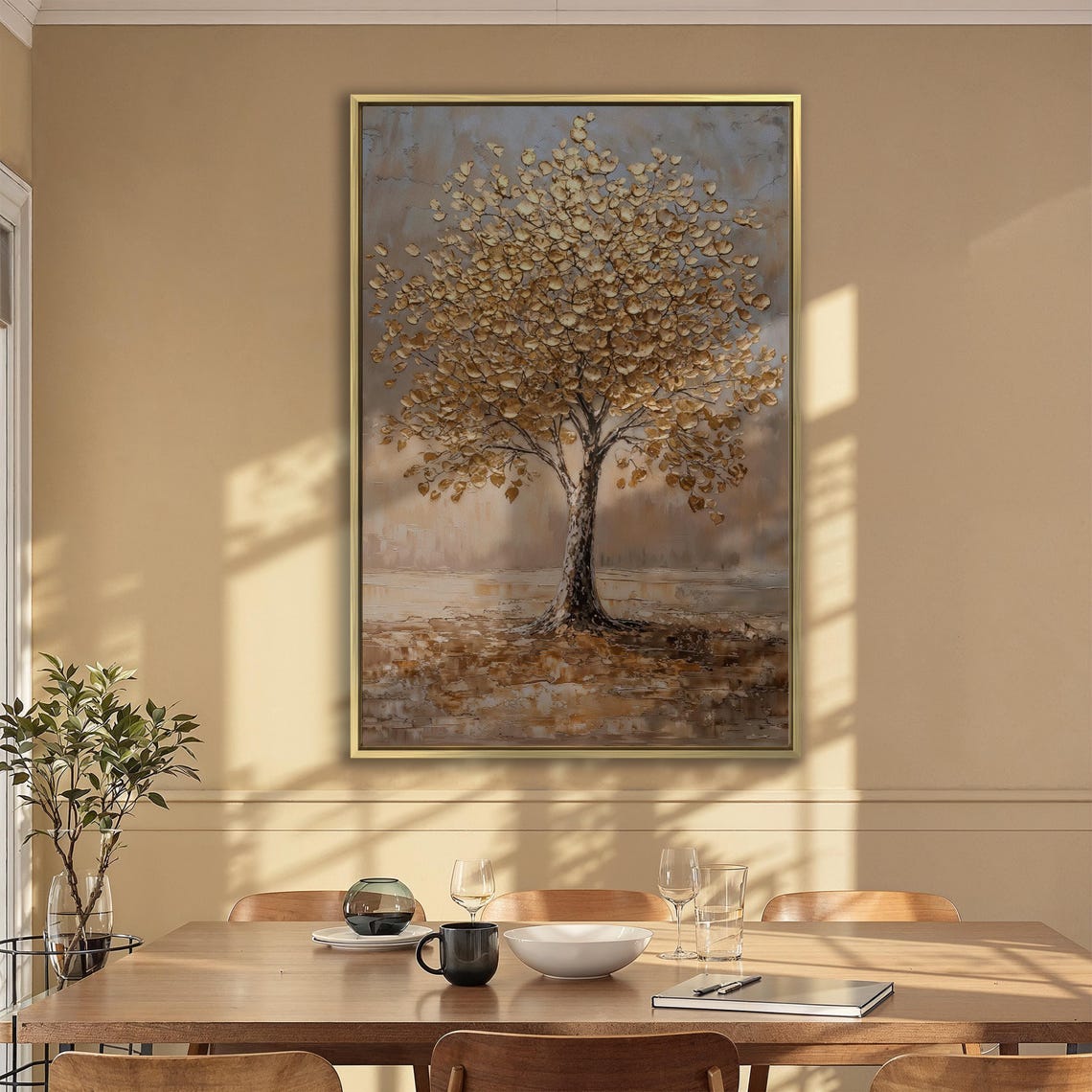 Solitary Golden Tree On Beige Gray Background Impasto Oil Poster - Image 2