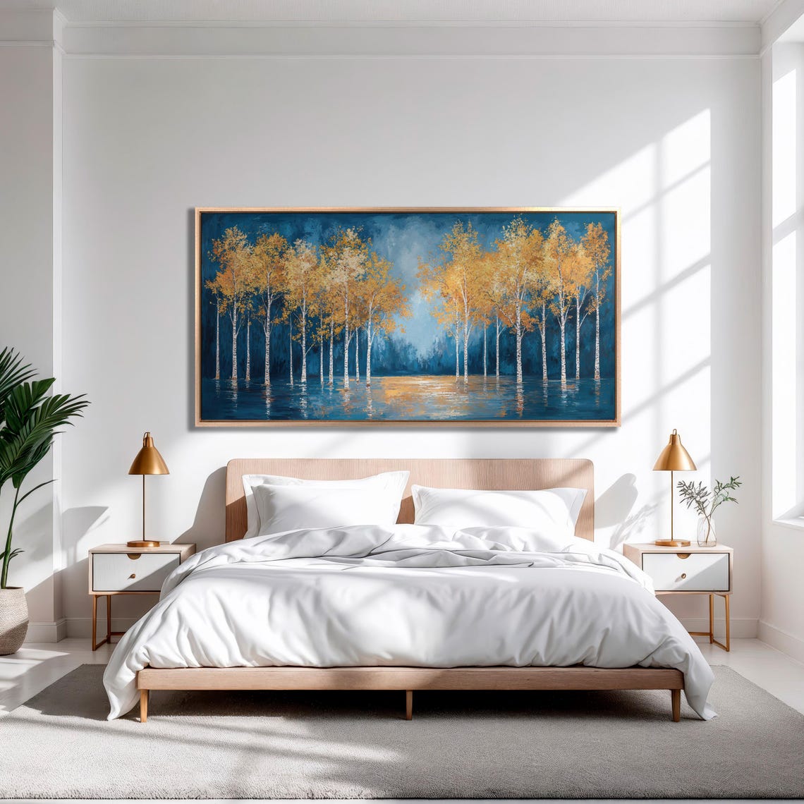 Golden Birch Trees Against Deep Blue Water Reflection Art Poster - Image 4