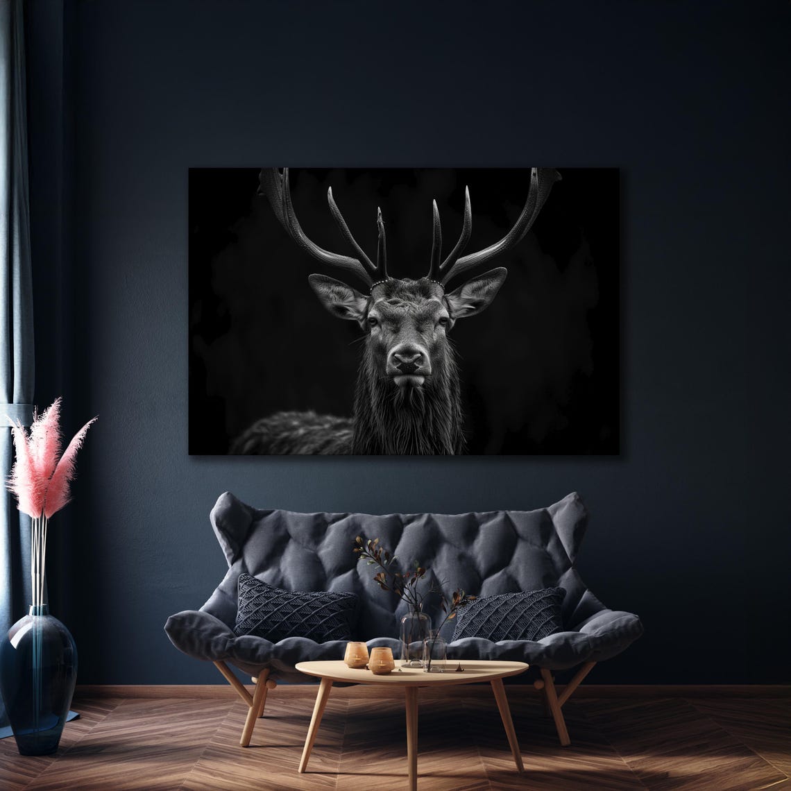 Black And White Stag Portrait Majestic Antlers Dark Wall Art - Image 3
