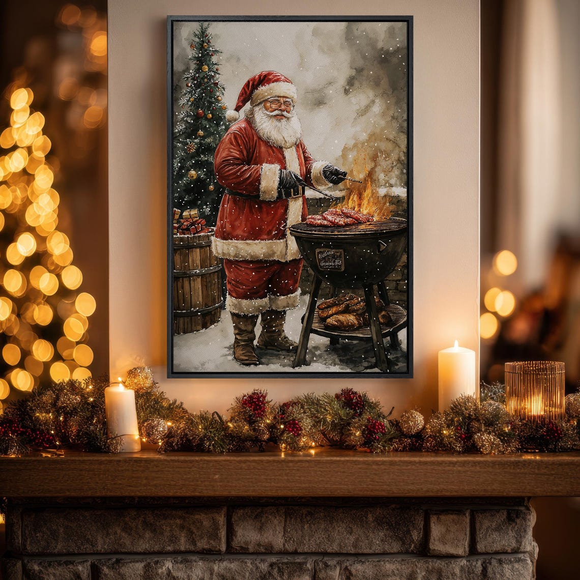 Santa Claus Winter BBQ Grilling Sausages Snowy Christmas Poster
