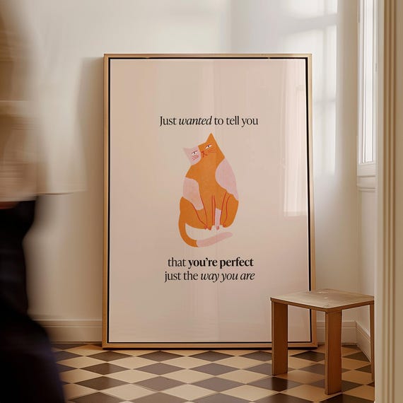 You Are Perfect Print Positive Quote Cat Poster Kids Room Decor Cute Inspirational Wall Art