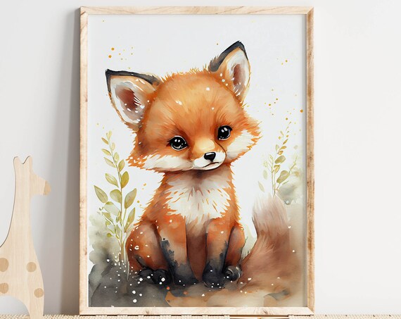 Watercolor Baby Fox Cub Nursery Print Golden Splashes Woodland Kids Art