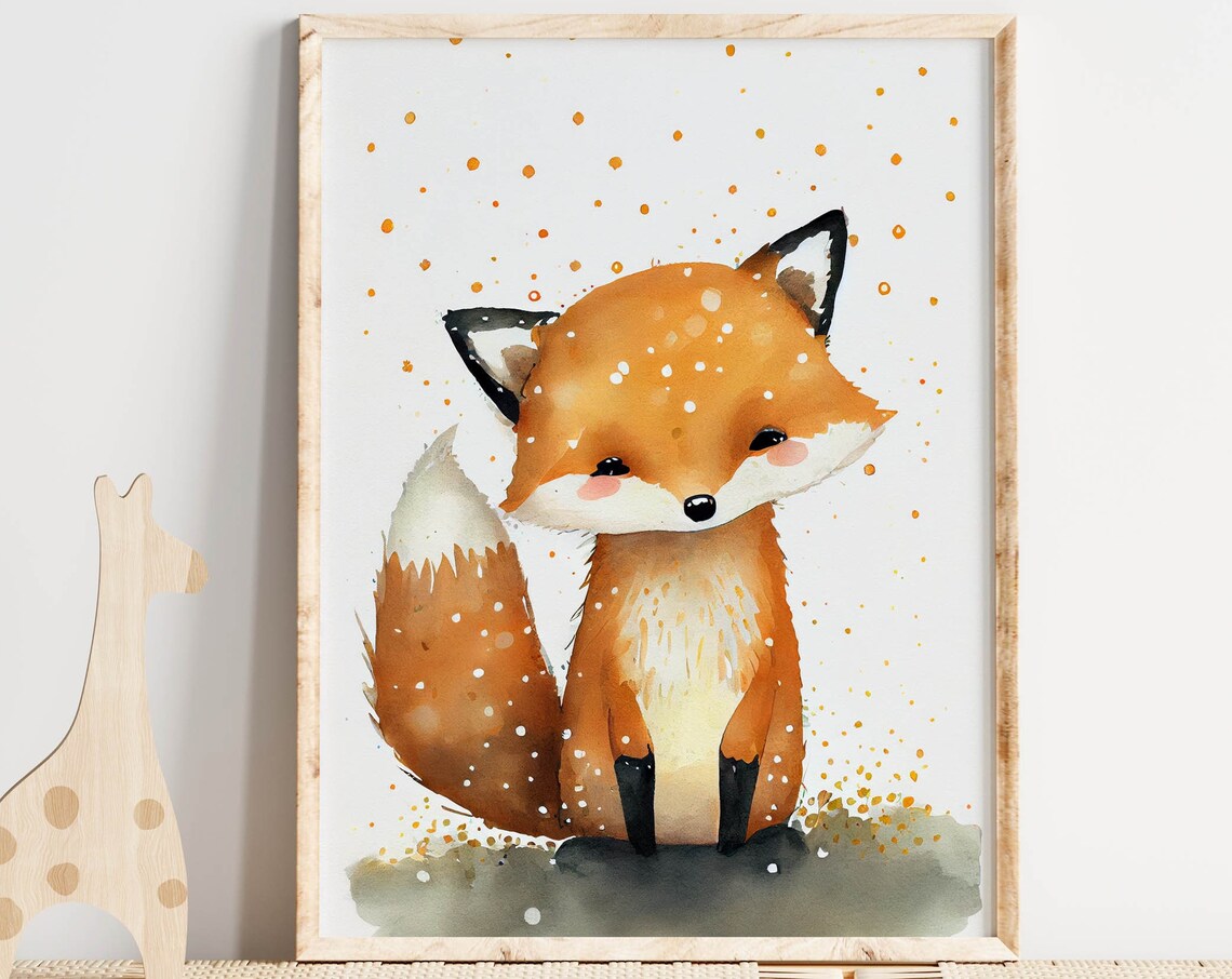 Cute Baby Fox Watercolor Nursery Print Woodland Animal Kids Room Decor