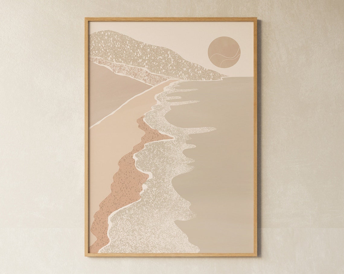 Neutral Beach Coastline Art Beige Ocean Waves Sun Modern Wall Poster - Image 4
