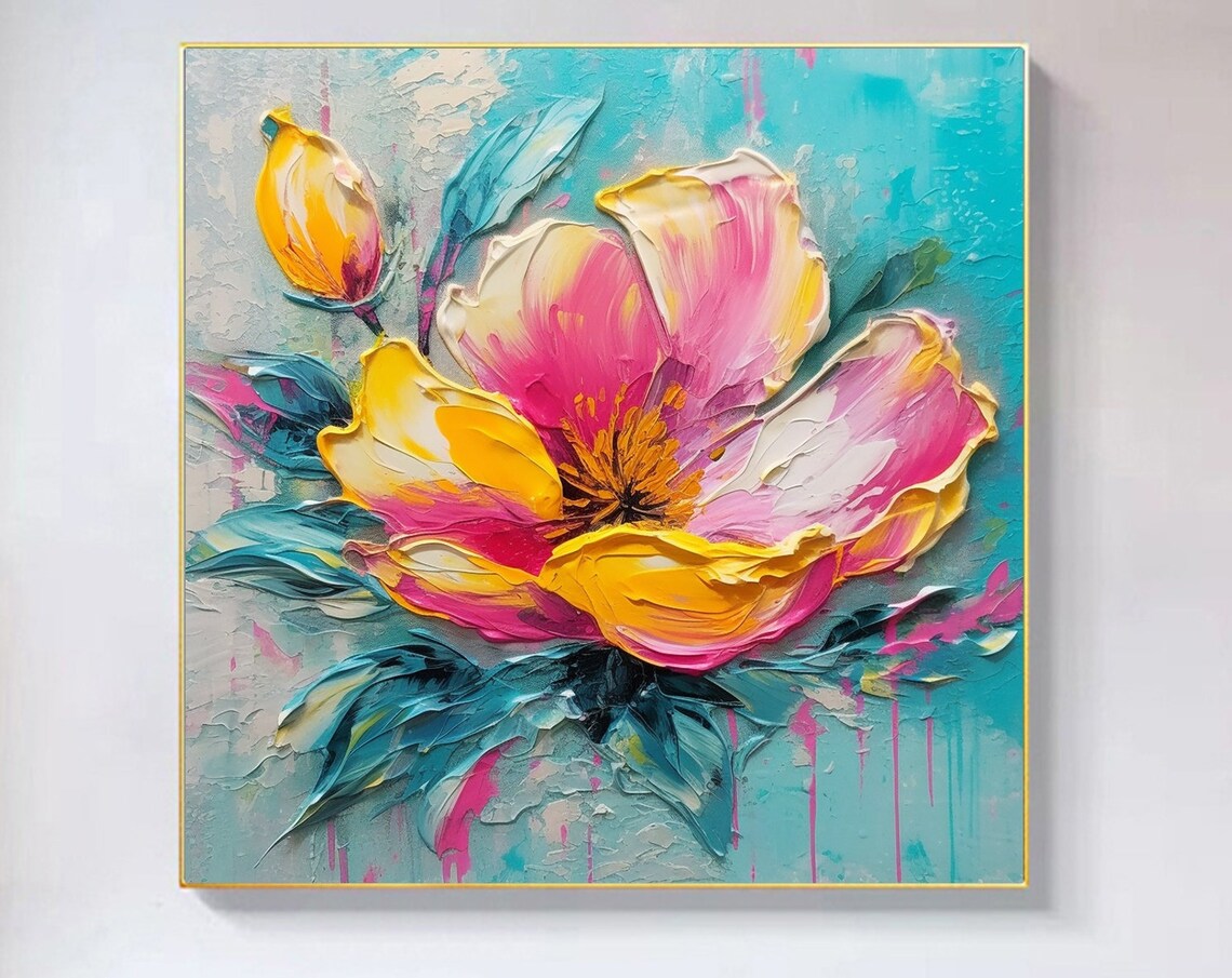 Vivid Pink Yellow Blossom Teal Leaves Bold Floral Art Poster
