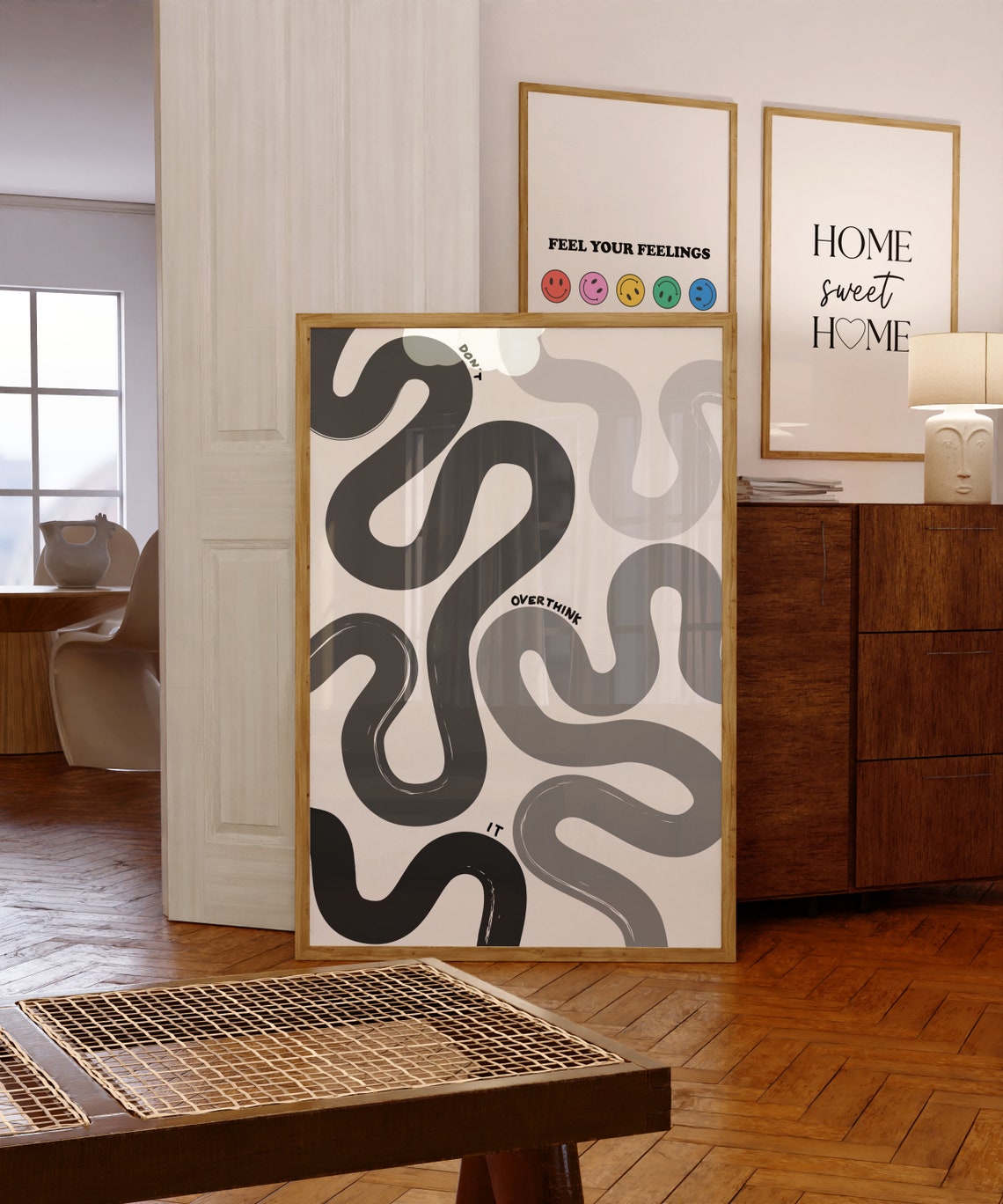 Don't Overthink It Abstract Black Grey Squiggle Quote Poster
